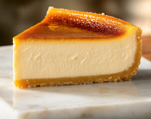 Creamy Cheesecake Slice with Golden Caramelized Top on Marble Surface