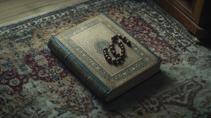 An old religious book with a rosary resting on it, placed in the center of an ornately decorated room.
