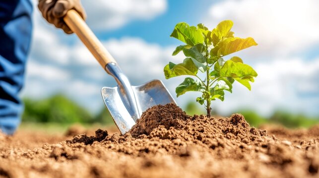 Hombre con ropa de trabajo cava un hoyo en tierra suave para plantar un &aacute;rbol joven