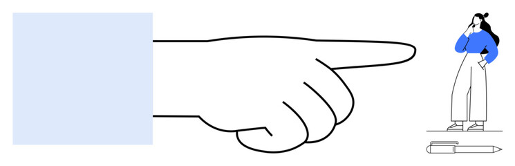 Enormous hand points towards pensive woman with crossed arms, standing next to a pen. Ideal for guidance, authority, direction, leadership, decision-making, attention focus. Minimalist art style