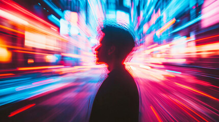 Blurry abstract portrait of a person illuminated by neon lights in a vibrant cyberpunk cityscape