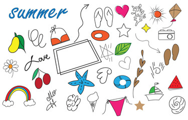 Handdrawn summer elements, beach party and picnic decor set illustration vector