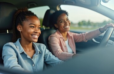 Happy mother teaches teen daughter driving in new car. African American woman helps girl to drive auto. Family road trip. Teenage smiling girl getting first driving experience.
