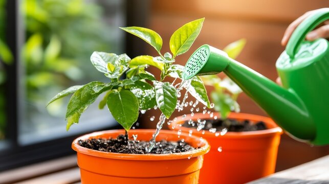 Un ni&ntilde;o y un adulto riegan una planta en maceta en un entorno acogedor y luminoso