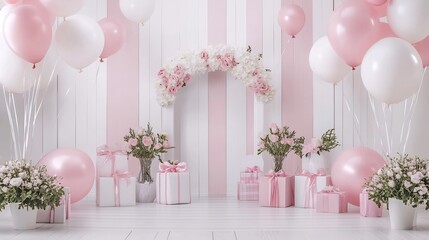 Pink and White Birthday Party Setup: Balloons, Flowers, and Gifts
