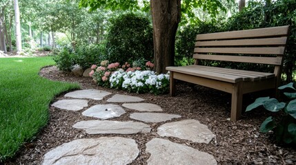 A serene garden scene featuring a wooden bench and a winding stone pathway surrounded by lush greenery and blooming flowers, perfect for relaxation and contemplation.