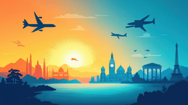 Square Travel-Themed Website Banner with Iconic Landmarks, Airplane Silhouettes, and Vibrant Blue and Orange Sky Gradient, copy space