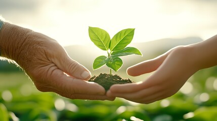 Un anciano enseña a un joven el cuidado de las plantas en un campo durante el amanecer