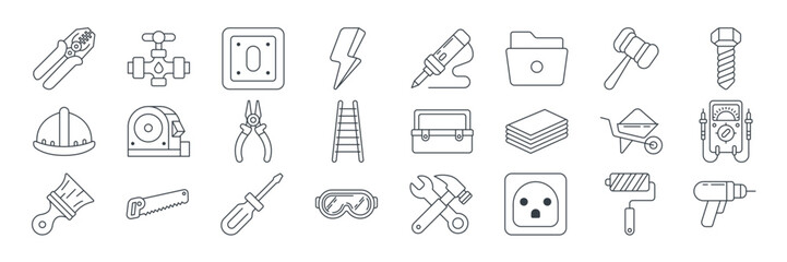Workshop tools, repair maintenance icons set, Included icons as Drill, File, Paintbrush, Wheelbarrow and more symbols collection, logo isolated vector illustration