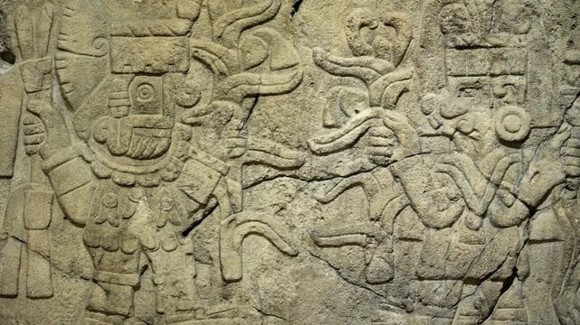 Ancient Olmec petroglyphs carved into stone, showcasing intricate symbols and sacred imagery from Mesoamerican civilization.