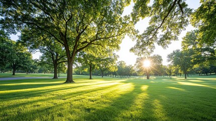 Obraz premium Sombras alargadas de jóvenes árboles se extienden sobre el césped iluminado por el sol en un parque durante la tarde