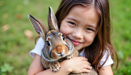 A joyful girl hugs a fluffy rabbit in a sunny outdoor garden, capturing the essence of love and bonding with pets. This image is ideal for promoting Pet Day campaigns, pet adoption events