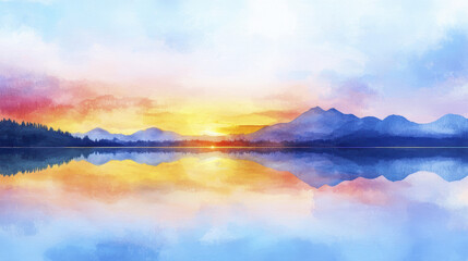 Fototapeta premium Watercolor landscape of serene sunset over mountains and lake, reflecting vibrant colors