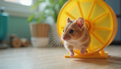 A hamster enjoys its daily exercise on a yellow wheel, showcasing the importance of active play for small pets. Ideal for promoting hamster accessories, exercise equipment, and Pet Day campaigns.
