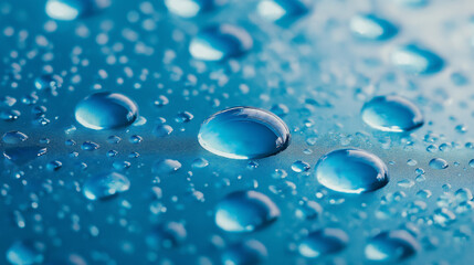 blue background of close-up view of water droplets on a smooth surface, creating a visually striking pattern. 