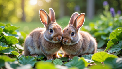 Two adorable rabbits sit peacefully in a garden surrounded by greenery, capturing the essence of small pet care and love for nature. Ideal for promoting Pet Day, pet adoption events