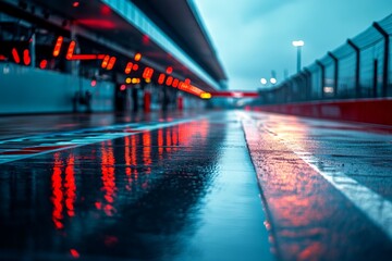Reflections of racing excitement on the wet pit lane during a dramatic evening at the racetrack