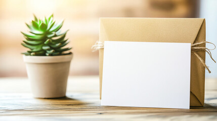 A blank white folded card rests on a wooden table, surrounded by soft natural light