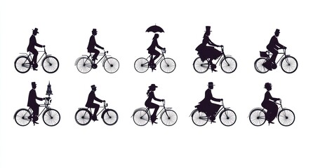 Obraz premium Elegant Silhouettes of People Riding Vintage Bicycles