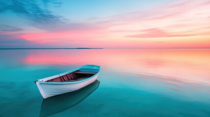 A solitary boat peacefully rests on reflective waters during dusk, surrounded by soft hues of pink and blue sky, promoting a sense of calm and quiet contemplation.