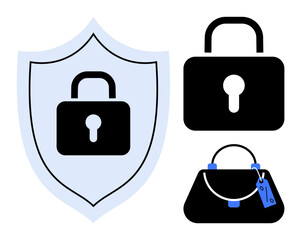 Padlock on a shield symbolizing protection, another padlock, and a handbag with a tag. Ideal for security, privacy, protection, trust, safety digital security online protection. Minimalist design