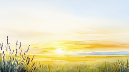 serene watercolor landscape featuring sunset over golden field with lavender plants in foreground, evoking tranquility and beauty