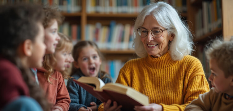 Senior caucasian woman reads book to group excited children in library. Wears warm yellow sweater. Kids listen, learn with love, fun, develop imagination together. Storytelling activity promotes