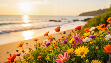 Vibrant flowers blooming at sunset on a serene beach