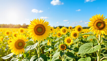 Sunflowers blooming in a vibrant field under a clear blue sky