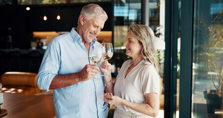 Wine, toast and senior couple in home, partnership celebration and love on valentines day. Romance, affection and loyalty to spouse in relationship, trust and cheers with glasses of alcohol for date