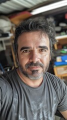 Obraz premium Middle-aged man with dark hair and beard in a workshop.