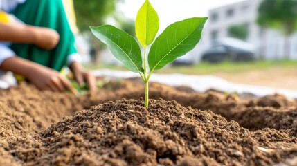 Niños en ropa colorida plantando árboles en un día soleado en un área verde comunitaria