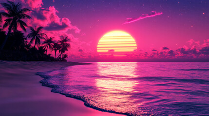 Obraz premium Retro-futuristic sunset at a tropical beach with vibrant colors and palm silhouettes