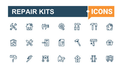 Repair Kits icons set. Contains linear outline icons like work, screw, build, saw, paint and more. Thin linear style icons. Solid line editable vector illustration.
