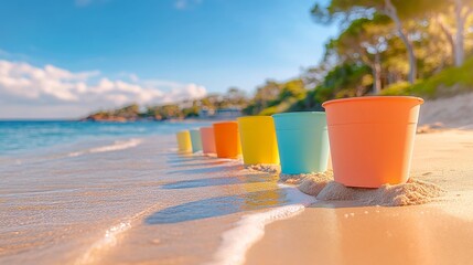 Niños construyendo castillos de arena en una playa dorada bajo el sol