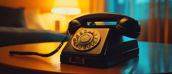 A vintage black rotary phone sits elegantly on a wooden table, softly illuminated by warm ambient...