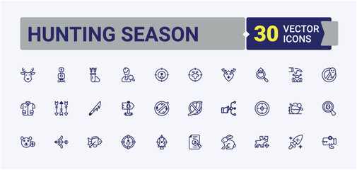 Hunting Season vector icon set. Pack of fishing, bow, camp, arrow, point, binoculars and more. Thin linear style icons. Solid line editable vector illustration.