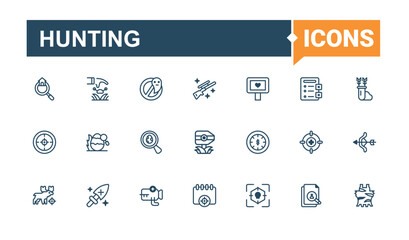 Set of Hunting line icons. Related to bow, hunt, man, point, fire, binoculars, arrow, tourism. Flat icon design. Solid line editable stroke.