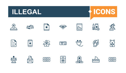 Illegal set of modern icons. Featuring justice, help, dollar, police, human, prison and more. Icons for UI. Editable vector outline and solid icons.