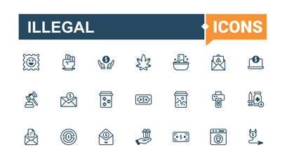 Fototapeta premium Illegal set of modern icons. Featuring justice, help, dollar, police, human, prison and more. Icons for UI. Editable vector outline and solid icons.