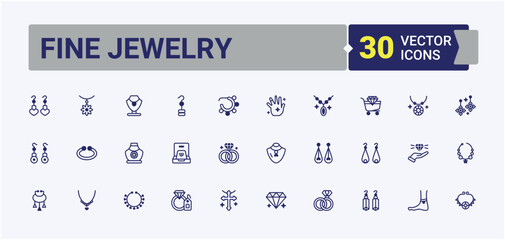 Fine Jewelry vector icon set. Contains such icons as jewel, element, charms, ring, gems and more. Vector outline and solid icons collection.