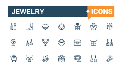Set of Jewelry line icons. Includes icons for raw, stone, chain, gold, magnifying glass, jewelry, necklace, cloth. Line symbol. Minimalist editable vector stroke.
