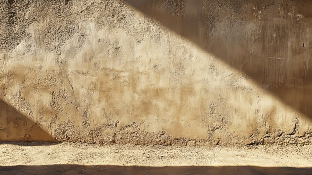 Textured rammed earth wall with natural smooth clay surface in sunlight