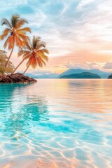 Atardecer vibrante con tonos de rosa y púrpura sobre aguas cristalinas en una playa tropical