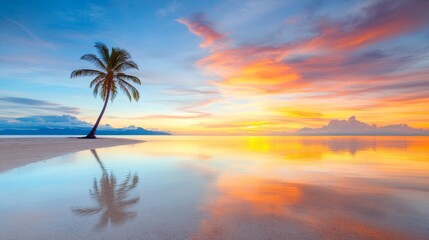 Obraz premium Espectacular atardecer con tonos rosa y púrpura en la playa tranquila