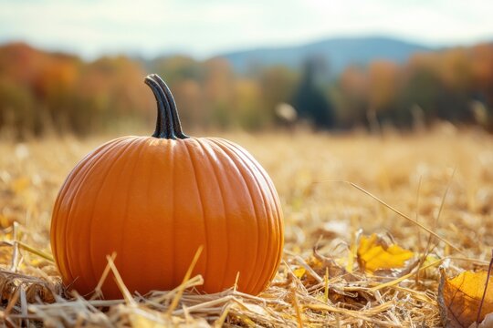 Bright orange pumpkin resting in golden straw field during autumn season surrounded by colorful foliage and distant hills. Generative AI
