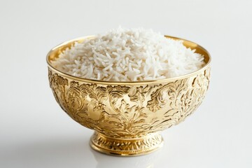 Golden rice in ceremonial bowl, symbolizing prosperity and spiritual nourishment.
