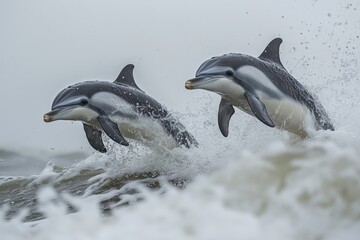 Obraz premium Dolphins leap through ocean waves during a cloudy day, showcasing their acrobatics and agility in the water