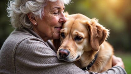 Naklejka na ściany i meble An elderly woman lovingly embraces her dog in a warm and cozy home environment. This image conveys care, affection, and the deep bond between humans and their pets.