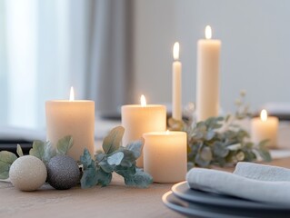 Luxurious table setup with pillar candles and floral garland.